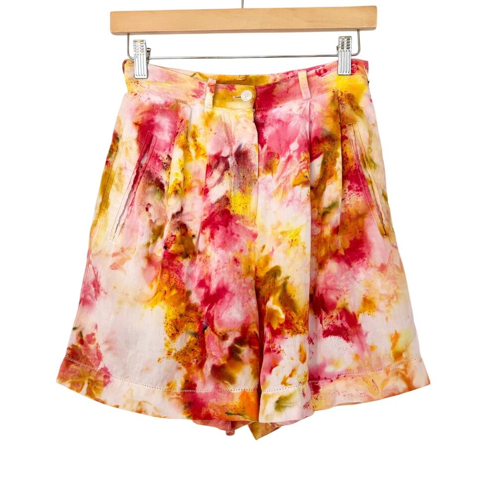 Chloe Cox OOAK Upcycled Handmade Yellow Pink Tie Dye Linen Shorts- XS $138 NWT